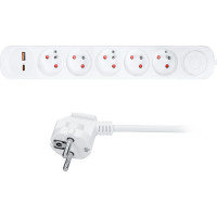 Solight prodlužovací přívod 5 zásuvek, USB A+C 20W PD, 3m, 3 x 1mm2, bílý, vypínač