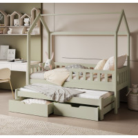 Dětská domečková postel z masivu borovice TIMMY se šuplíky a přistýlkou - 200x90 cm - olivově zelená