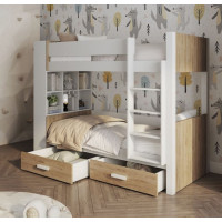 Dětská patrová postel z masivu borovice GASPAR se šuplíky a regálem - 180x80 cm - bílá/dub shetland