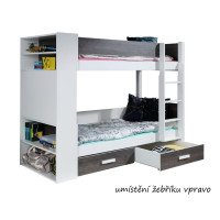 Dětská patrová postel z masivu borovice GASPAR se šuplíky a regálem - 180x80 cm - bílá/dub shetland