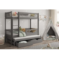 Dětská patrová postel z masivu borovice EVAN s přistýlkou a šuplíky - 180x80 cm - grafitová