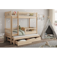 Dětská patrová postel z masivu borovice EVAN s přistýlkou a šuplíky - 180x80 cm - přírodní borovice