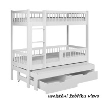 Dětská patrová postel z masivu borovice EVAN s přistýlkou a šuplíky - 180x80 cm - bílá