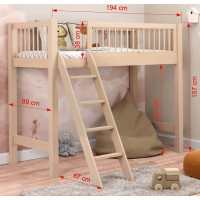 Dětská vyvýšená postel z masivu borovice EVI - 180x80 cm - přírodní borovice