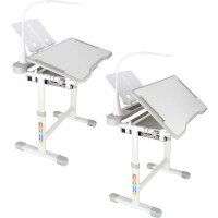 Dětský nastavitelný psací stůl se zásuvkou, židlí a LED lampou - šedý