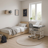 Dětský nastavitelný psací stůl se zásuvkou, židlí a LED lampou - šedý