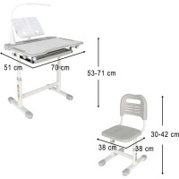 Dětský nastavitelný psací stůl se zásuvkou, židlí a LED lampou - šedý