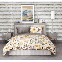 Bavlněné povlečení GUSTO Oranžové květy - krémové/mokka - 160x200 cm