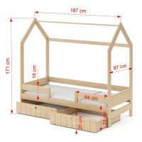 Dětská domečková postel z masivu borovice NAOMI se šuplíky - 180x80 cm - bílá
