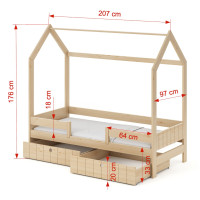 Dětská domečková postel z masivu borovice NAOMI se šuplíky - 200x90 cm - přírodní borovice