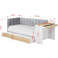 Dětská postel s přistýlkou a psacím stolem FREYA - 180x80 cm - bílá/šedá/dub sonoma