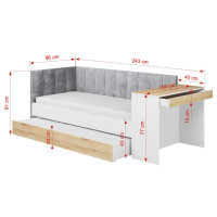 Dětská postel s přistýlkou a psacím stolem FREYA - 200x90 cm - bílá/šedá/dub sonoma