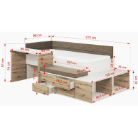 Dětská postel s psacím stolem a úložnými prostory AMIRA - 180x80 cm - kašmírová/hnědá/dub artisan