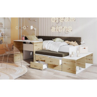 Dětská postel s psacím stolem a úložnými prostory AMIRA - 180x80 cm - bílá/hnědá/dub artisan