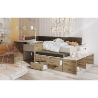 Dětská postel s psacím stolem a úložnými prostory AMIRA - 200x90 cm - kašmírová/hnědá/dub artisan