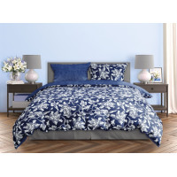 Saténové povlečení MILAGRO VERDE Bílé květy - modré/tmavě modré - 140x200 cm