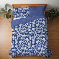 Saténové povlečení MILAGRO VERDE Bílé květy - modré/tmavě modré - 160x200 cm