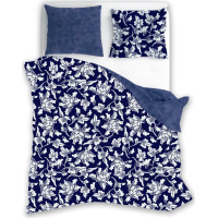Saténové povlečení MILAGRO VERDE Bílé květy - modré/tmavě modré - 160x200 cm