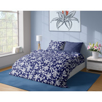 Saténové povlečení MILAGRO VERDE Bílé květy - modré/tmavě modré - 220x200 cm