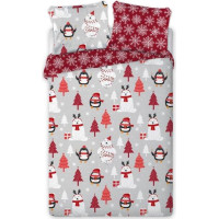 Bavlněné povlečení SCANDIC Tučňáci a lední medvědi - šedé/červené - 160x220 cm