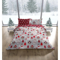 Bavlněné povlečení SCANDIC Tučňáci a lední medvědi - šedé/červené - 160x220 cm
