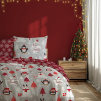 Bavlněné povlečení SCANDIC Tučňáci a lední medvědi - šedé/červené - 160x220 cm