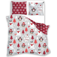 Bavlněné povlečení SCANDIC Tučňáci a lední medvědi - šedé/červené - 160x220 cm