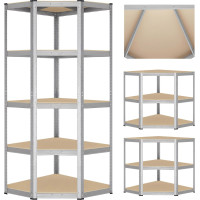 Rohový policový regál - 5 polic - 180x70x40 cm - stříbrný