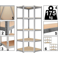 Rohový policový regál - 5 polic - 180x70x40 cm - stříbrný