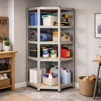 Rohový policový regál - 5 polic - 180x70x40 cm - stříbrný