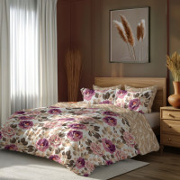 Saténové povlečení MILAGRO VERDE Fialové květy - bílé/béžové - 140x200 cm