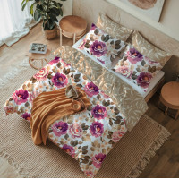 Saténové povlečení MILAGRO VERDE Fialové květy - bílé/béžové - 160x200 cm