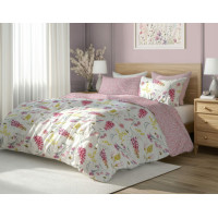 Saténové povlečení MILAGRO VERDE Květy a včelky - bílé/růžové - 160x200 cm