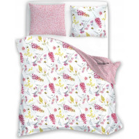 Saténové povlečení MILAGRO VERDE Květy a včelky - bílé/růžové - 220x200 cm