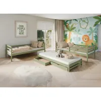 Dětská patrová postel z masivu borovice LUKÁŠ s přistýlkou a šuplíky - 200x90 cm - OLIVOVĚ ZELENÁ