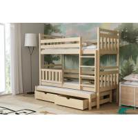 Dětská patrová postel z masivu borovice PETR s přistýlkou a šuplíky - 200x90 cm