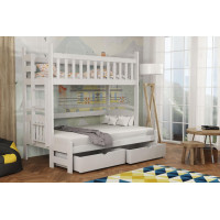 Dětská patrová postel z masivu borovice s rozšířeným spodním lůžkem LUKÁŠ se šuplíky 200x90/140 cm - BÍLÁ, žebřík vpravo