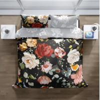 Saténové povlečení NOBILE Květy - černé/šedé - 160x200 cm