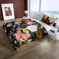 Saténové povlečení NOBILE Květy - černé/šedé - 160x200 cm