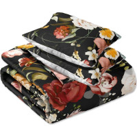 Saténové povlečení NOBILE Květy - černé/šedé - 160x200 cm