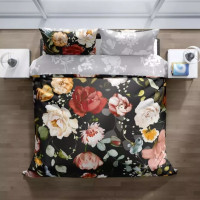 Saténové povlečení NOBILE Květy - černé/šedé - 220x200 cm