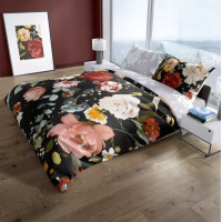 Saténové povlečení NOBILE Květy - černé/šedé - 220x200 cm