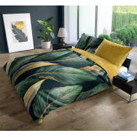 Saténové povlečení NOBILE Leaves- zelené/žluté - 220x200 cm