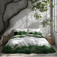 Saténové povlečení NOBILE Listy - bílé/zelené - 140x200 cm