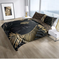 Saténové povlečení NOBILE Palm leaves - černé/zlaté - 220x200 cm