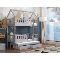 Dětská domečková patrová postel z masivu borovice OTA s přistýlkou a šuplíky - 200x90 cm - ŠEDÁ