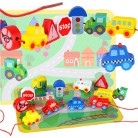 Dřevěné korálky pro navlékání - Autíčka a značky