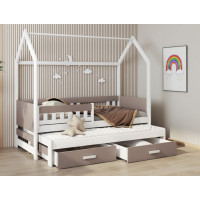 Dětská domečková postel z masivu borovice JASPER se šuplíky a přistýlkou - 200x90 cm - bílá/trufel