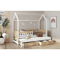 Dětská domečková postel z masivu borovice JASPER se šuplíky a přistýlkou - 180x80 cm - bílá/dub shetland