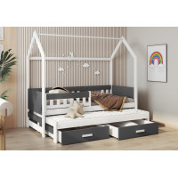 Dětská domečková postel z masivu borovice JASPER se šuplíky a přistýlkou - 180x80 cm - bílá/antracit